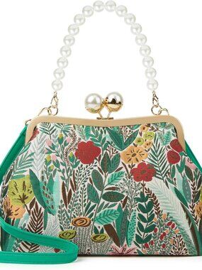 Vintage Embroidered Flower Handbag Retro Pearl Chain Crossbody Bag Clutch Kiss L